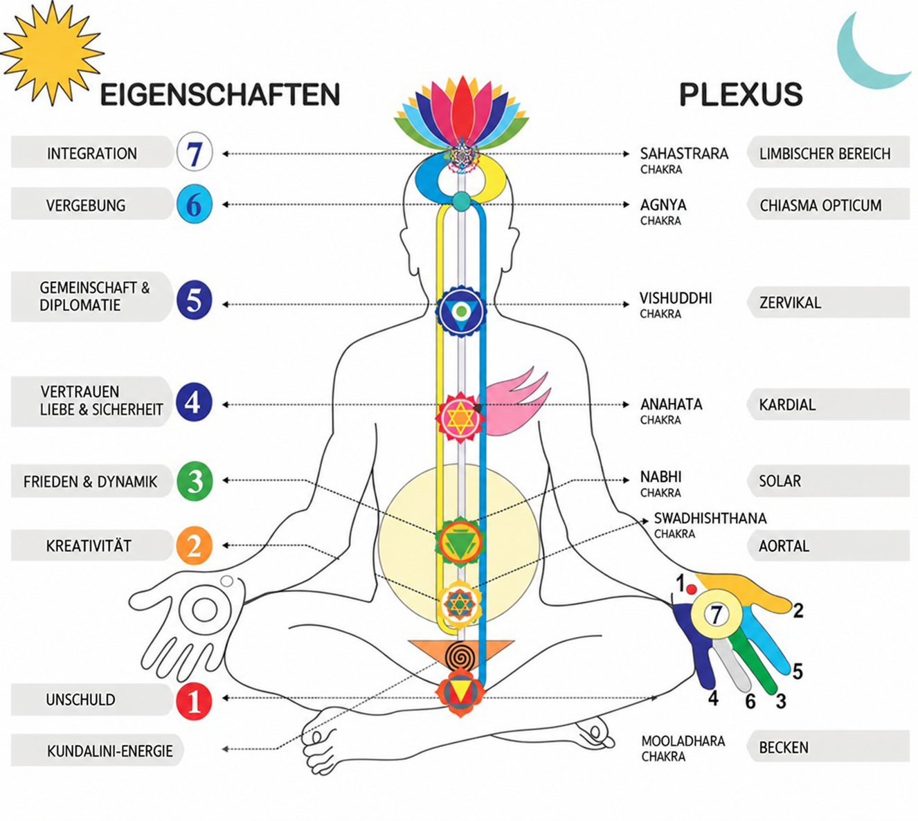 Diagramm der sieben Chakren mit deutschen Beschriftungen