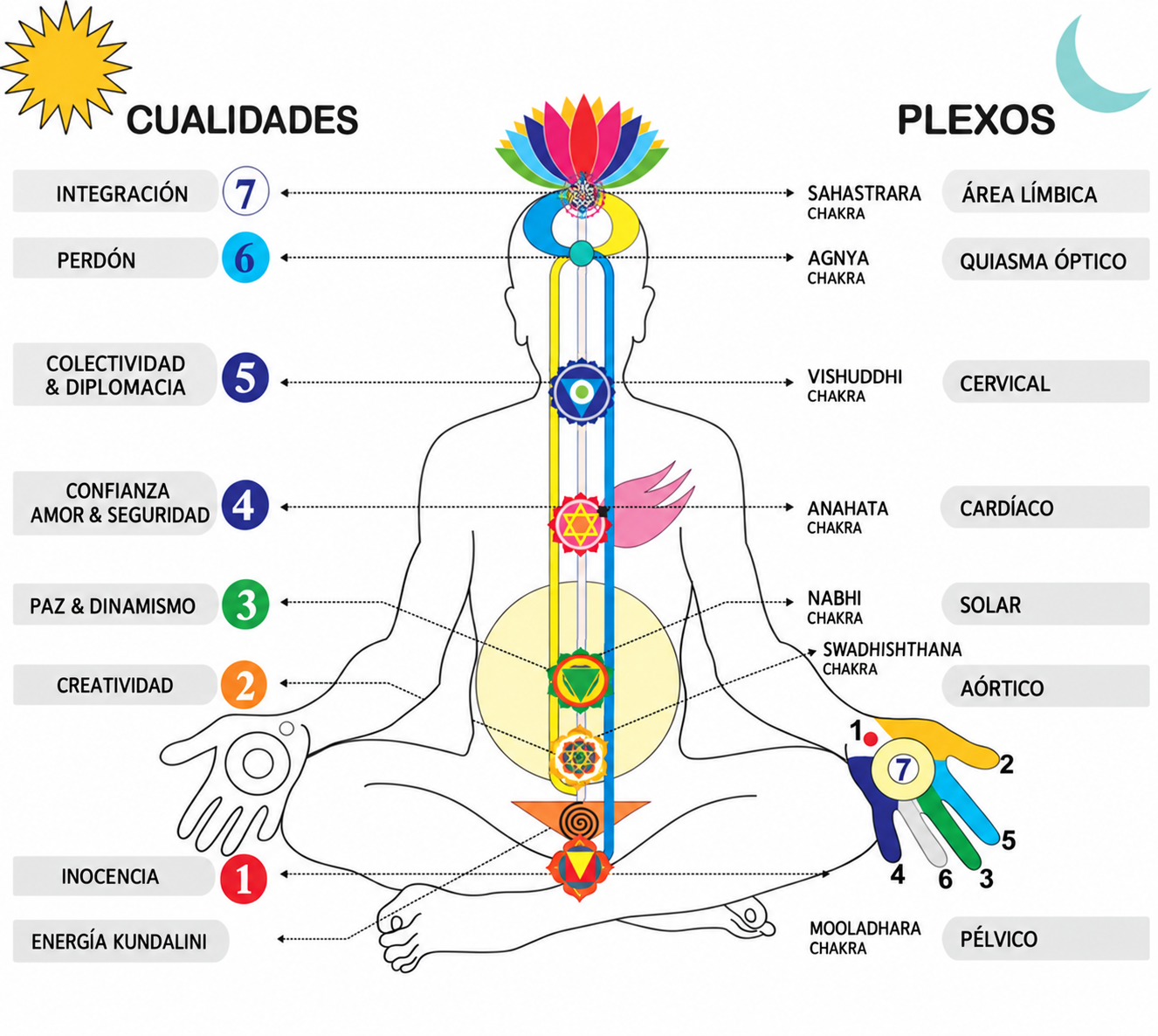 Diagrama de los siete chakras con etiquetas en español
