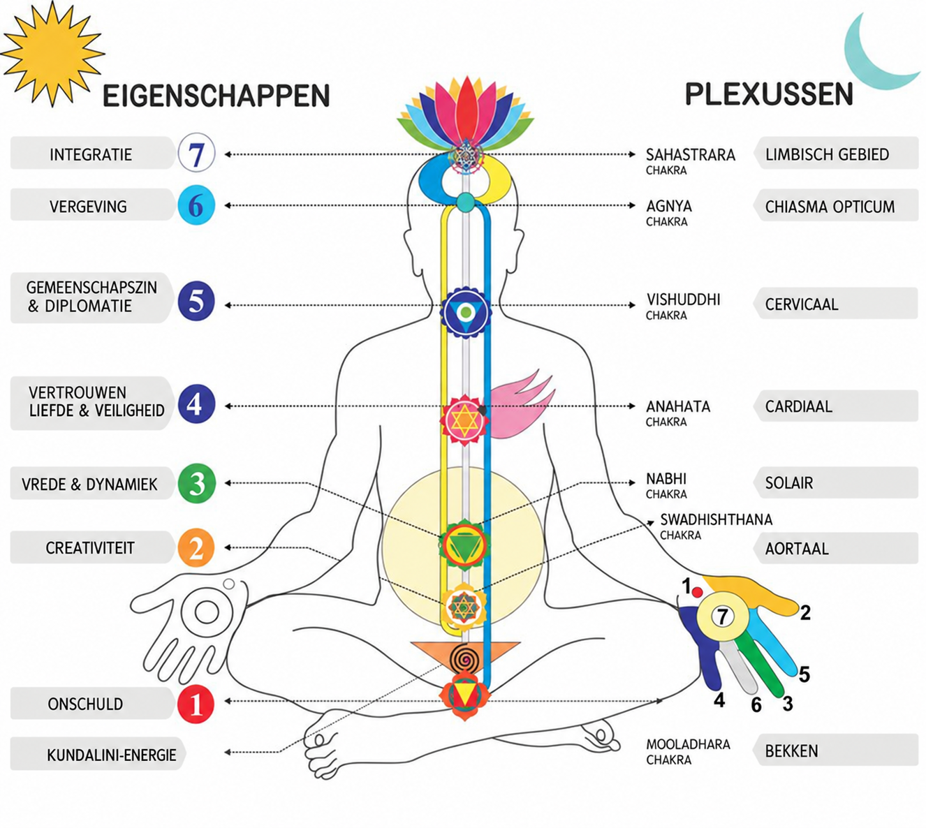 Diagram van de zeven chakra’s met Nederlandse labels